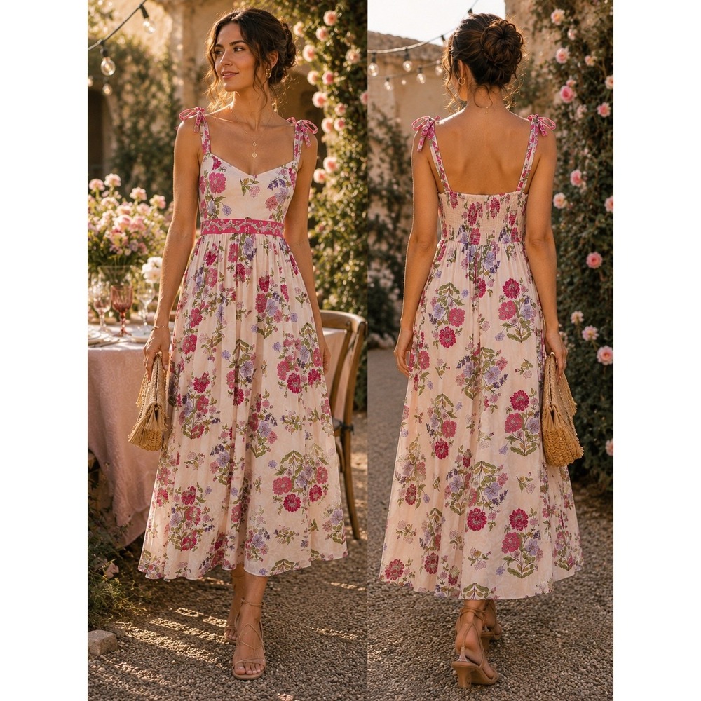 Patrons of Peace Floral Tie Strap Midi Dress Boho Cottagecore Smocked Medium
